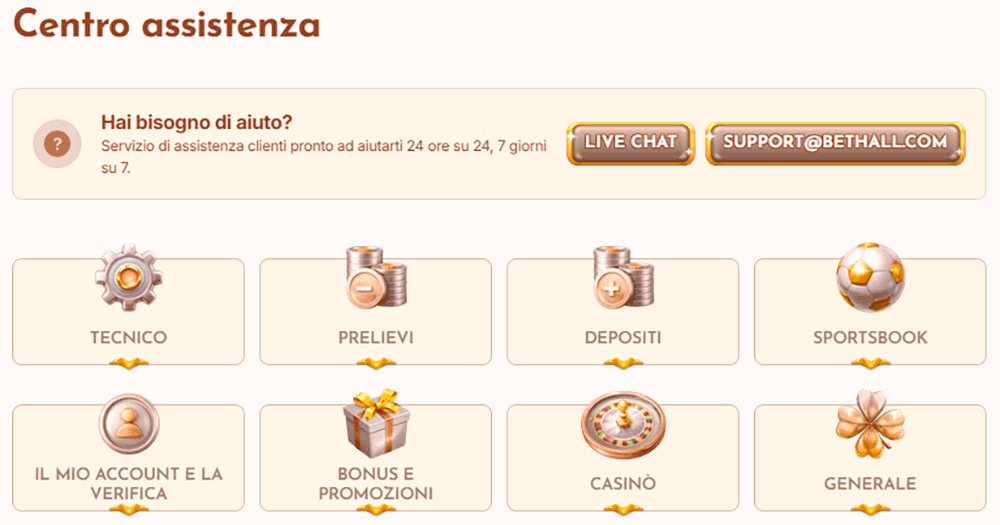 Servizio clienti Bethall: assistenza professionale 24/7 in italiano Servizio clienti Bethall