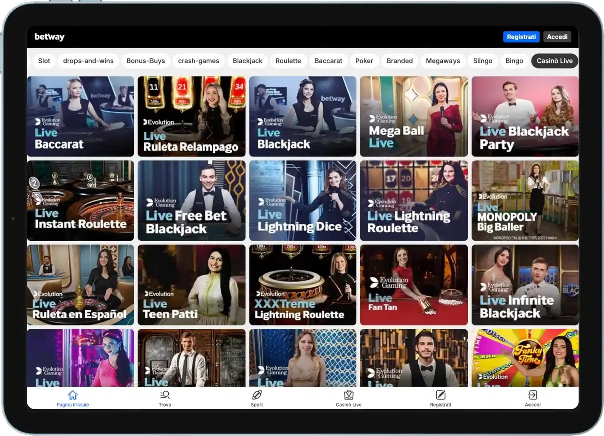 Betway Casino Live con giochi da tavolo e dealer dal vivo
