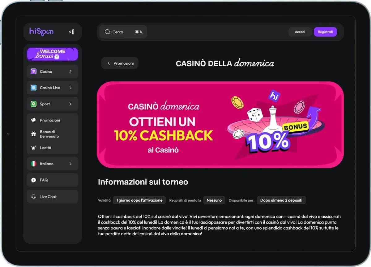 Bonus cashback Hispin Casino con offerte e vantaggi esclusivi