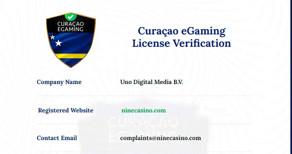 NineCasino Licenza Licenza di NineCasino