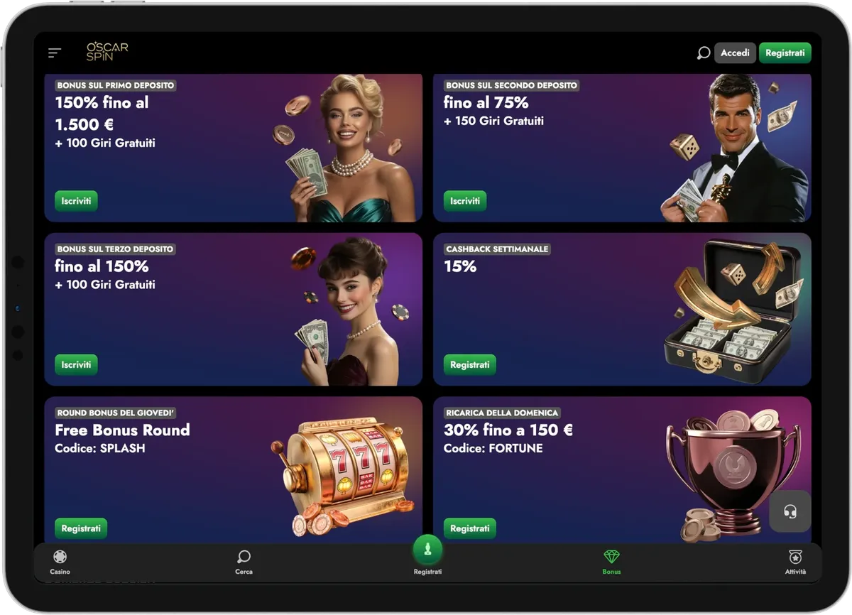 Bonus OscarSpin con free spin e promozioni per gioco online