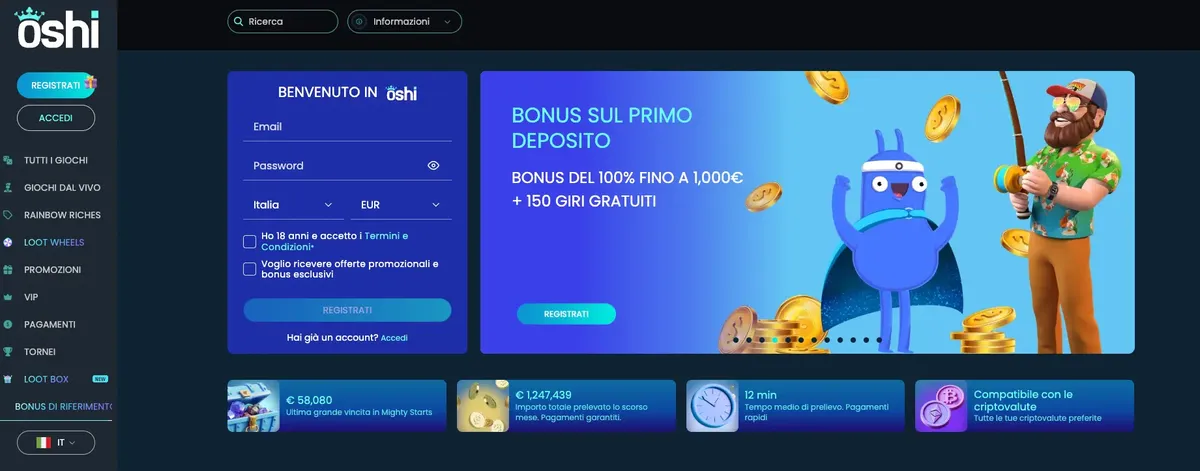 Oshi Casino Italia con bonus e giochi disponibili online