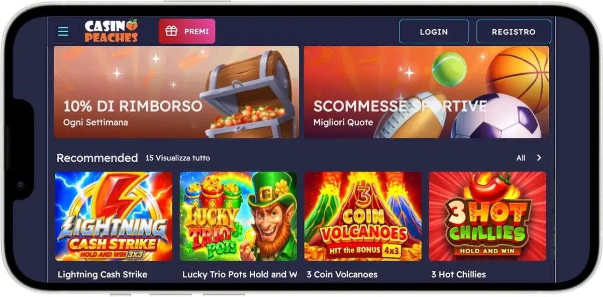 Peaches Casino mobile su smartphone con slot e giochi online