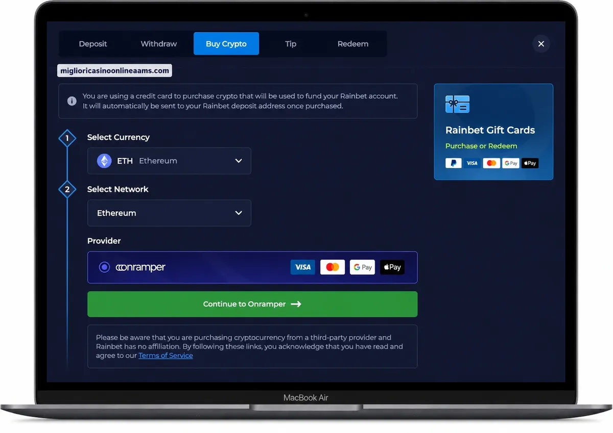Rainbet Casino deposito con opzioni di pagamento online