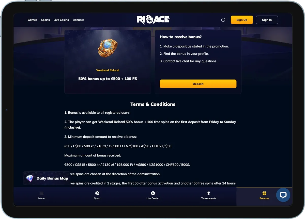 RioAce bonus deposito weekend