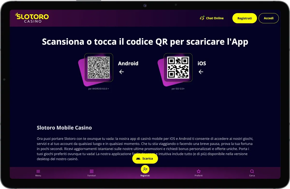 Slotoro mobile app con accesso rapido e giochi