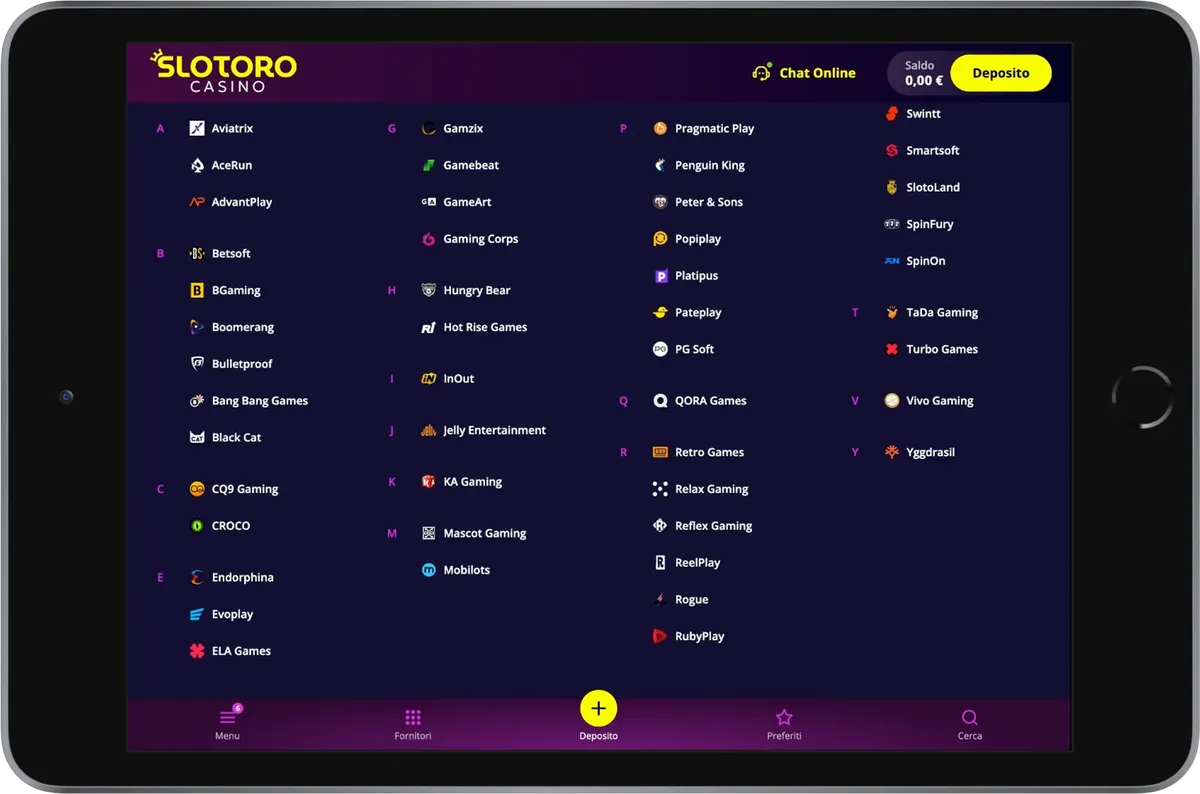 Lista provider Slotoro Casino con sviluppatori di giochi online