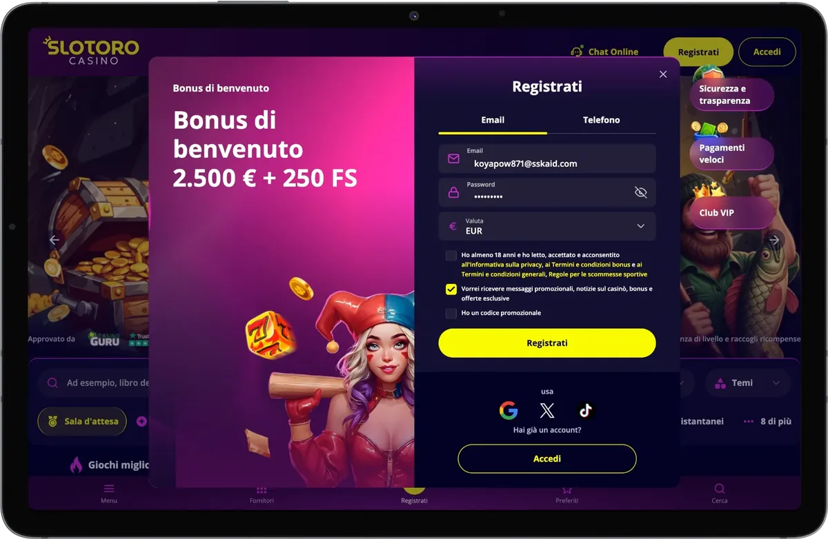 Slotoro Casino registrazione con bonus e accesso rapido al conto