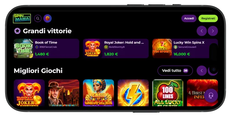 Oltre all'app mobile, il casinò Spinmama offre un moderno modello di sito web per dispositivi mobili. Versione mobile del casinò online Spinmama